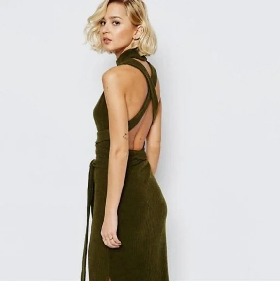 Lavish Alice Green Ribbed Midi Dress Mock Neck Sleeveless Styled Multiple Way - Picture 2 of 7